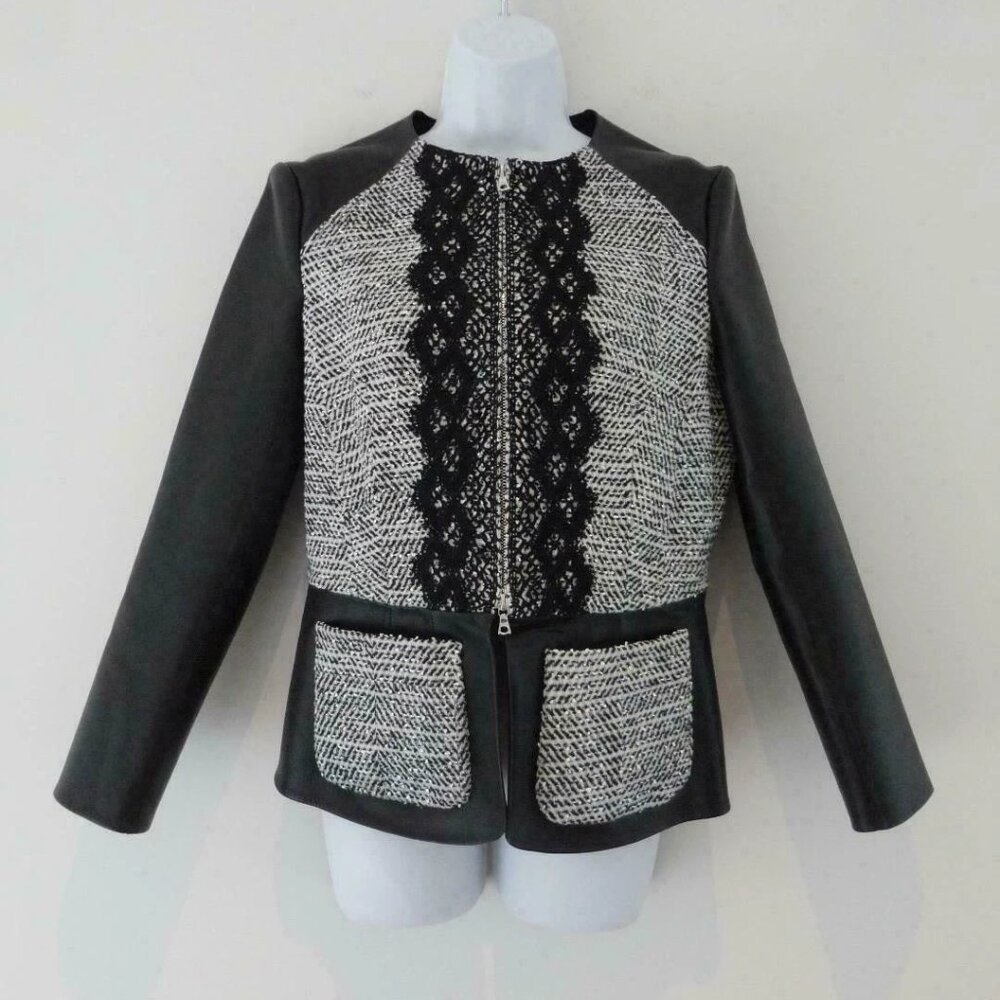 NWT OSCAR DE LA RENTA Black Leather & Boucle Twill Tweed Zip Front Jacket 8